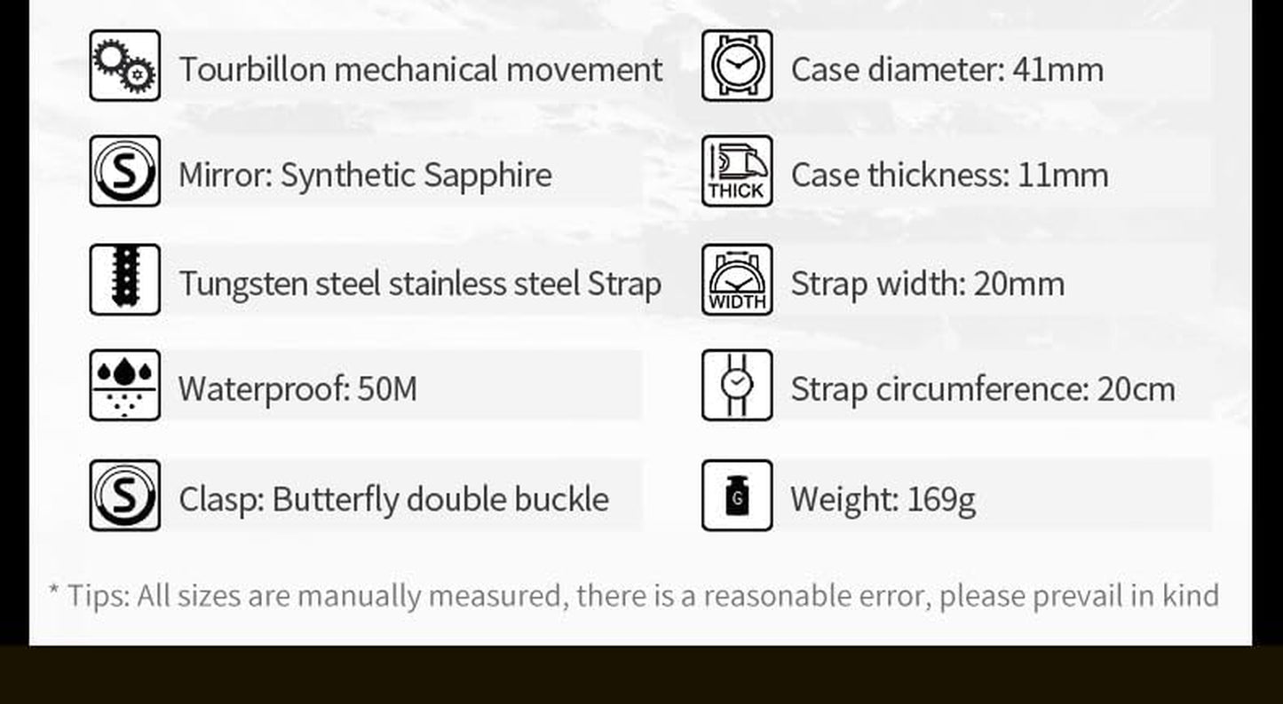 Men Skeleton Watch Automatic Mechanical Luxury Dress Waterproof Tourbillion Sapphire Crystal Wrist Watches for Men