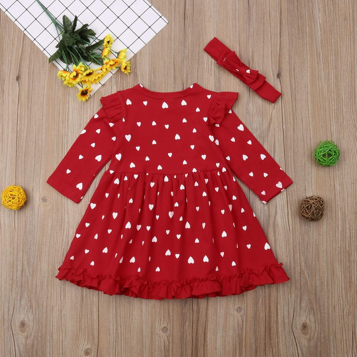 Toddler Baby Girl Valentines Day Clothes Long Sleeve Ruffle Heart Print Dress Causal Playwear Dress with Headband (Red, 18-24 Months)