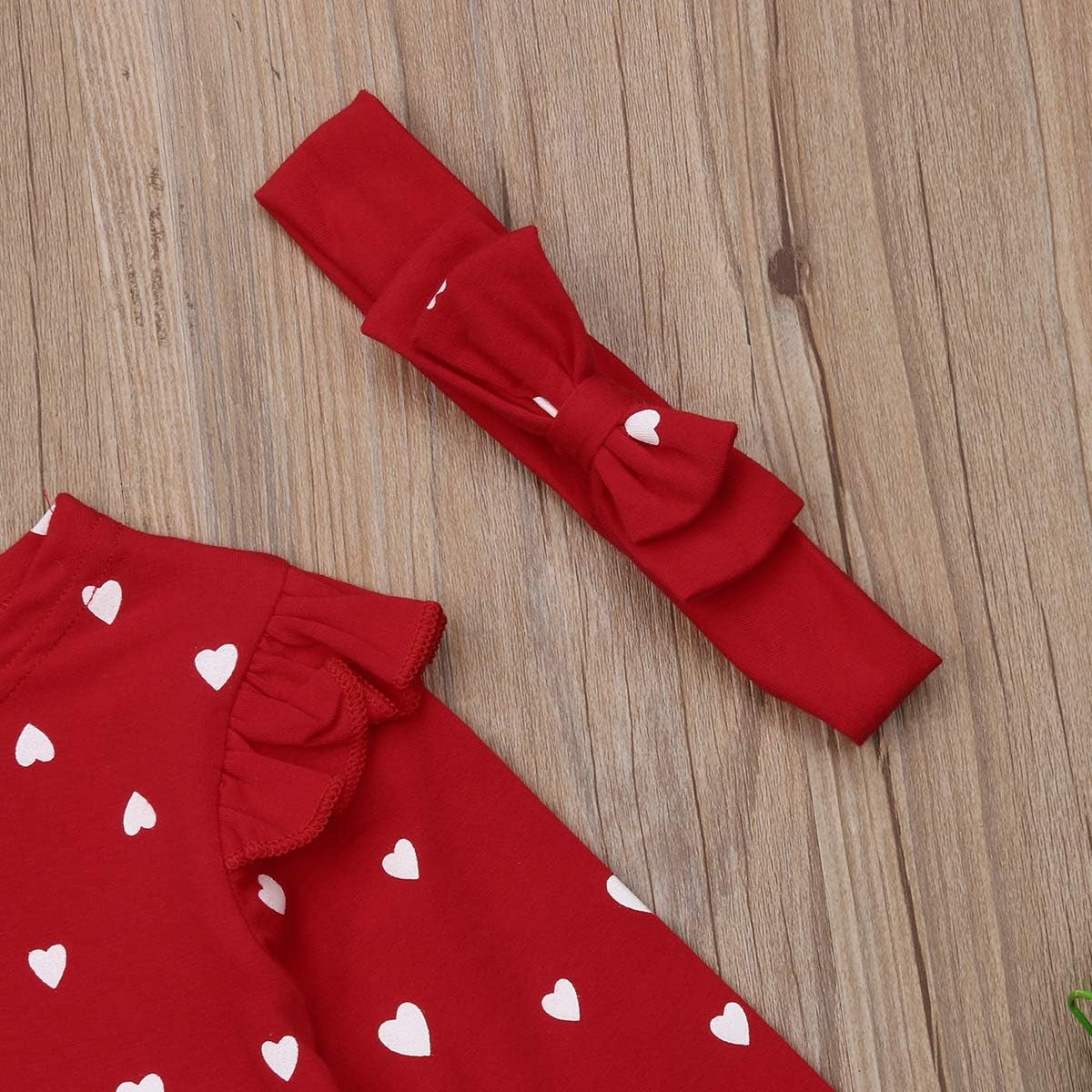 Toddler Baby Girl Valentines Day Clothes Long Sleeve Ruffle Heart Print Dress Causal Playwear Dress with Headband (Red, 18-24 Months)